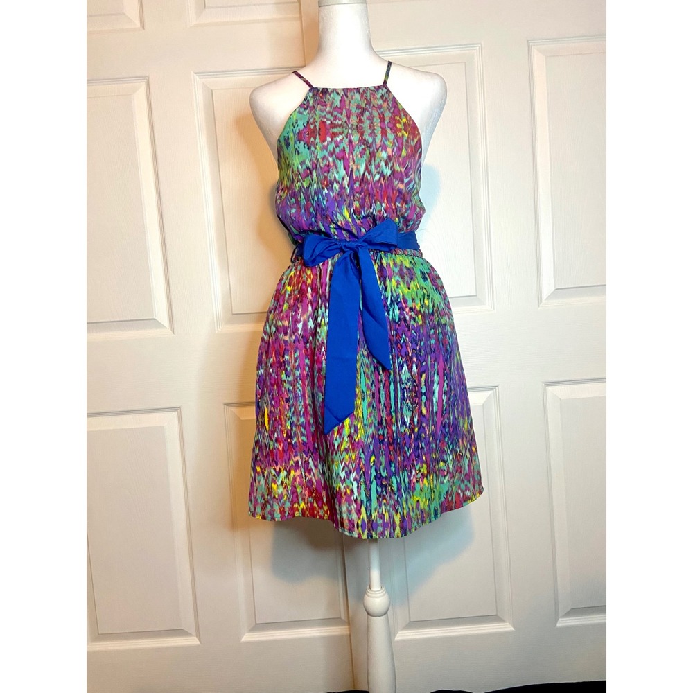 MOD Abstract Ikat Print Halter Mini Dress Blue Sash Belt Purple Multi Small